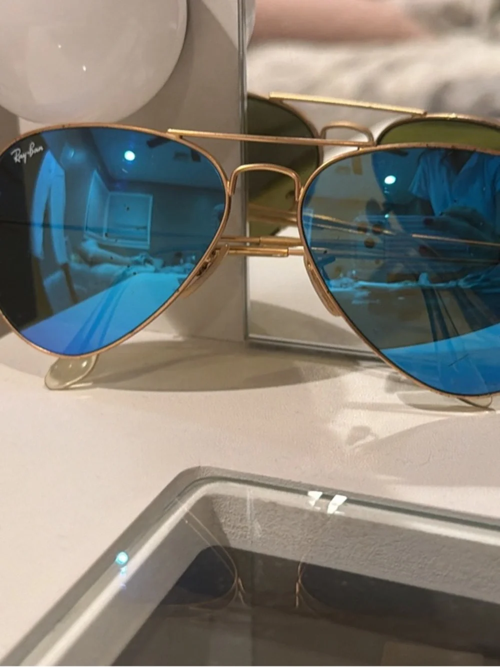 Ray-Ban Gold Frame Sunglasses with Blue Mirrored Lenses